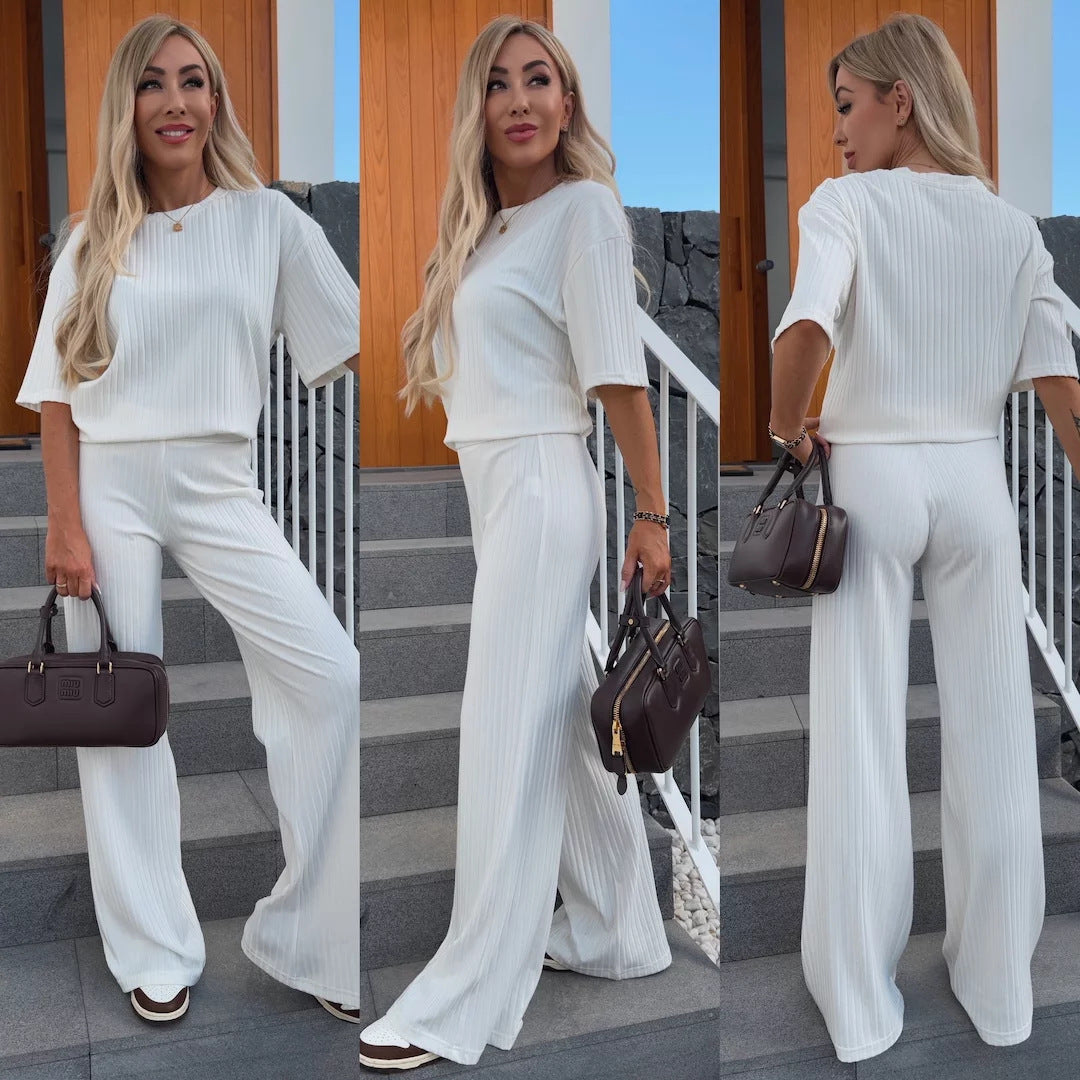 Damen elegantes, rippstrukturiertes Lounge-Set mit weitem Schnitt und kurzen Ärmeln Stalluxe