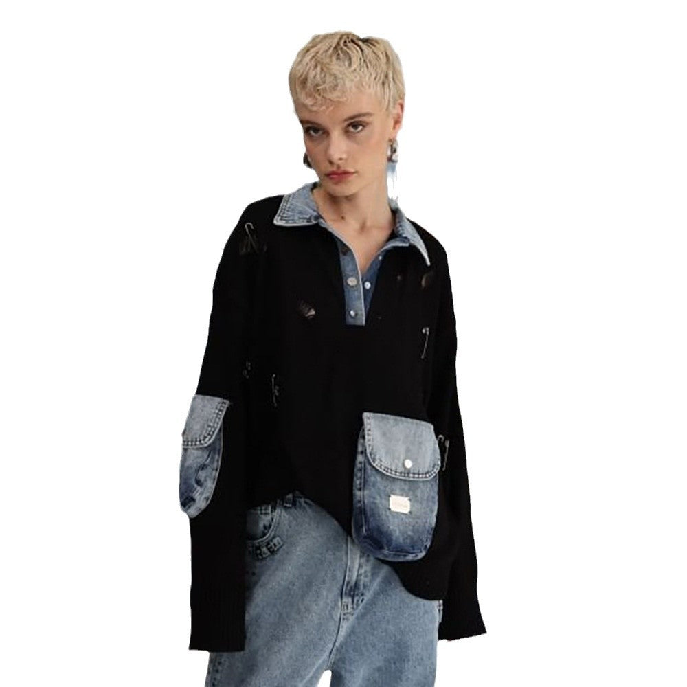 Damen Urbaner Oversized Pullover mit Denim-Details Stalluxe