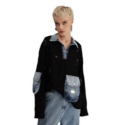 Damen Urbaner Oversized Pullover mit Denim-Details Stalluxe