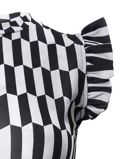 Damen Figurbetontes Kleid mit Rüschendetails und geometrischem Muster Stalluxe