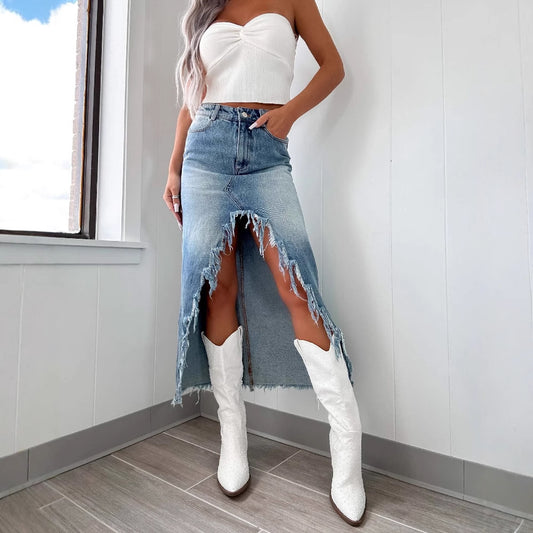 Damen Denim-Rock mit fransigem Saum und hohen Schlitzen Stalluxe