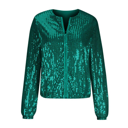 Damen Glamouröse Paillettenjacke mit durchgehendem Reißverschluss und langem Arm Stalluxe