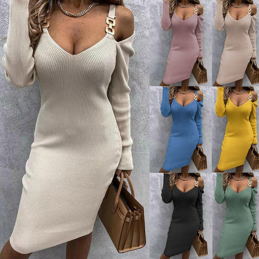 Damen figurbetontes Strickkleid mit schulterfreiem Design und raffinierten Trägerdetails Stalluxe