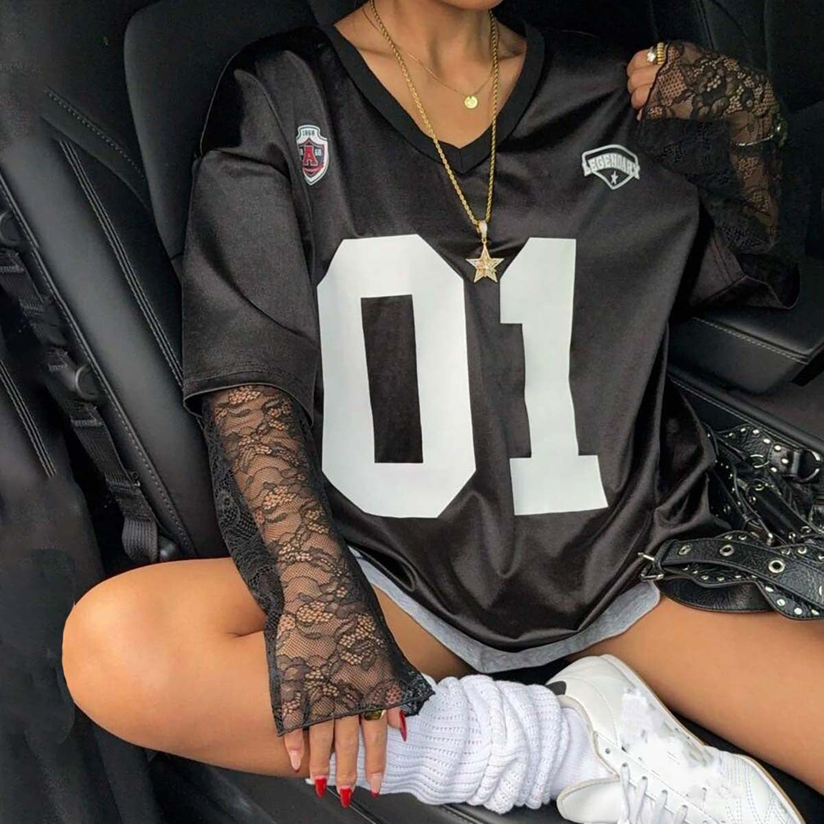 Damen Streetstyle Oversized T-Shirt mit Lace-Ärmeln Stalluxe