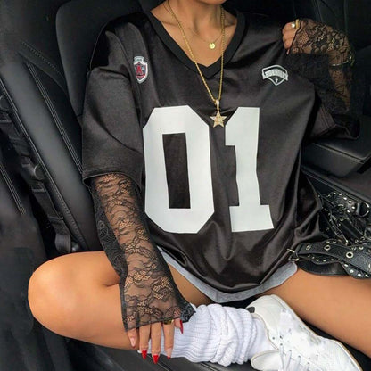 Damen Streetstyle Oversized T-Shirt mit Lace-Ärmeln Stalluxe