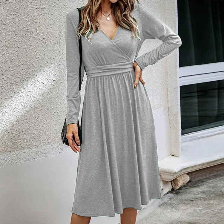 Damen Wickelkleid mit V-Ausschnitt und langem Arm Stalluxe