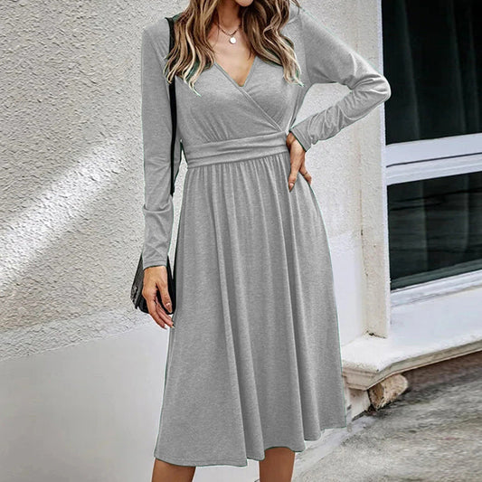 Damen Wickelkleid mit V-Ausschnitt und langem Arm Stalluxe