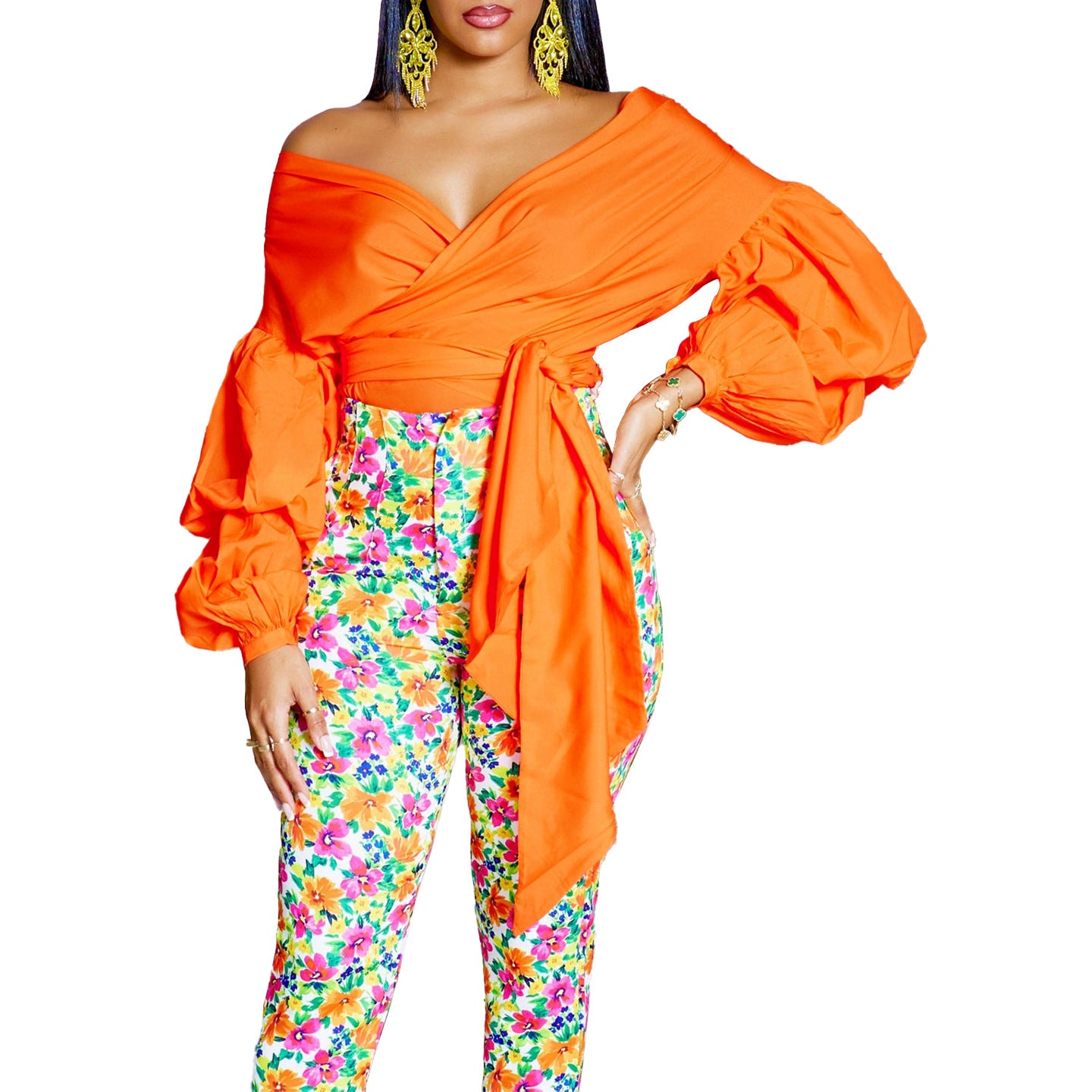 Damen Wickelbluse mit voluminösen Ärmeln und Taillengürtel Stalluxe