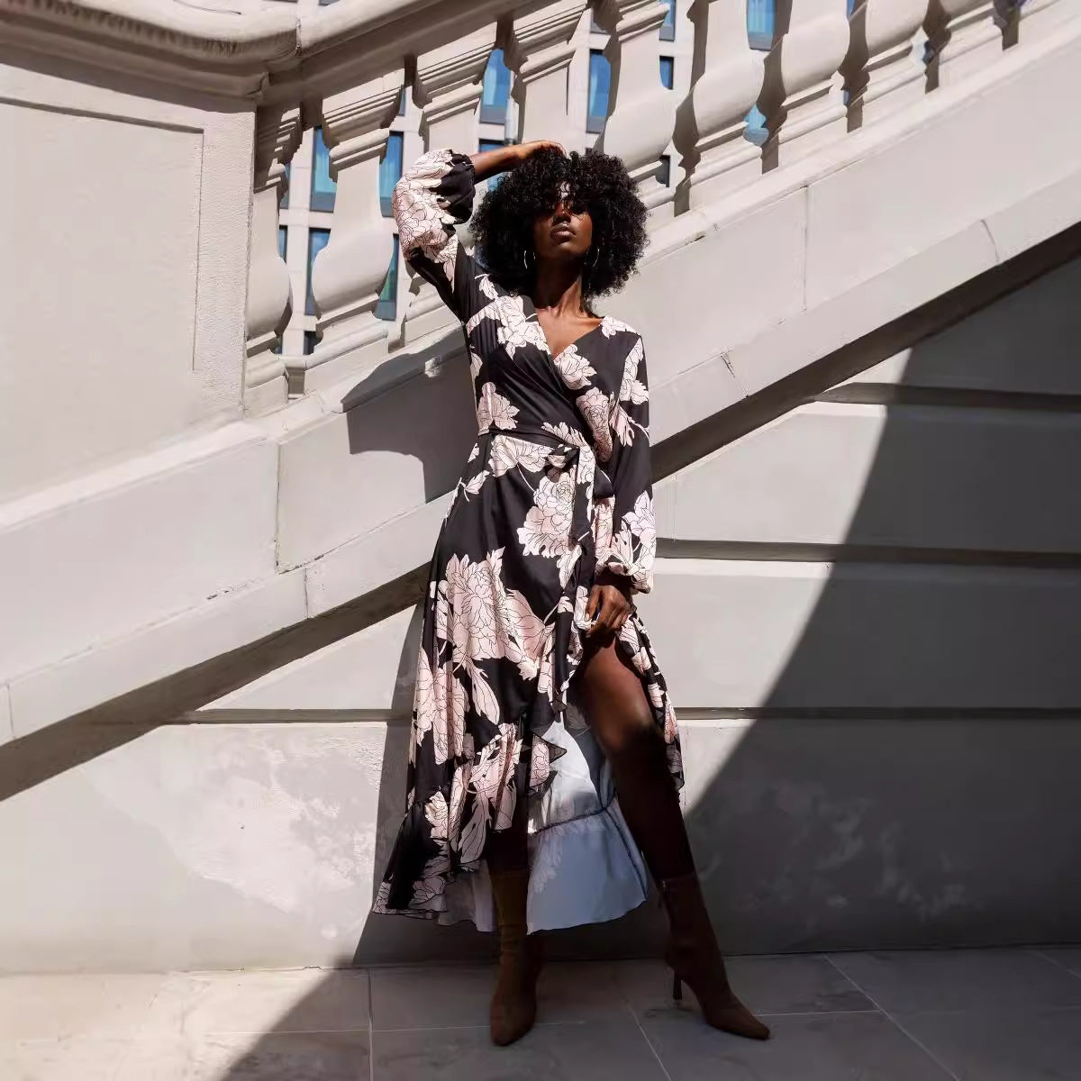 Damen Wickelkleid im Leopardenprint mit Rüschen Stalluxe