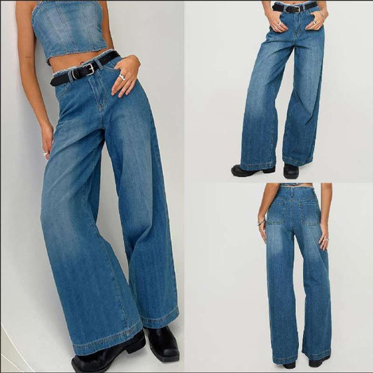 Damen Weit geschnittene Denim-Jeans mit fransigen Säumen Stalluxe