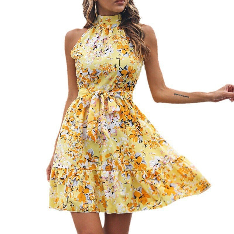 Damen Sommerliches Freizeitkleid mit hochgeschlossenem Kragen und Rüschensaum Stalluxe