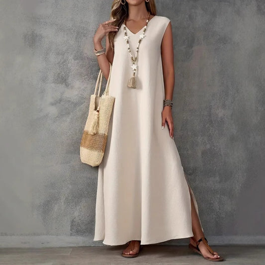 Damen Maxikleid mit schickem V-Ausschnitt und seitlichen Schlitzen Stalluxe