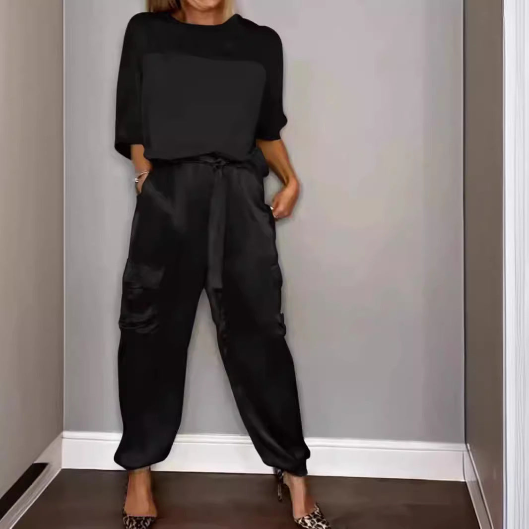 Damen Satin-Sportanzug mit lässigem Schnitt und Taschen Stalluxe