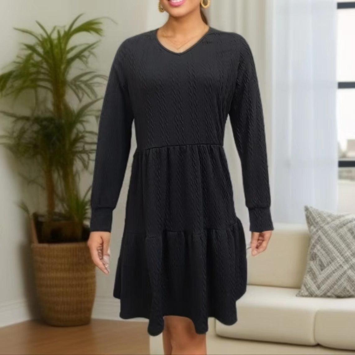Damen lässiges V-Ausschnitt Kleid mit weitem Saum Stalluxe