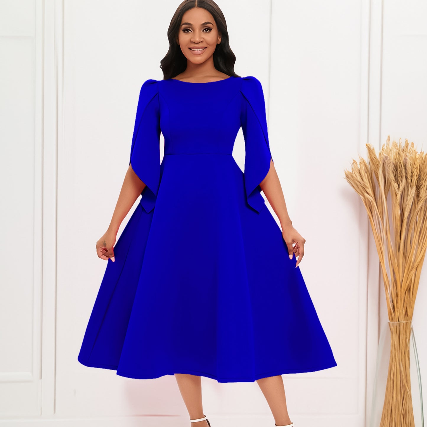 Damen A-Linien Kleid mit eleganten Puffärmeln Stalluxe