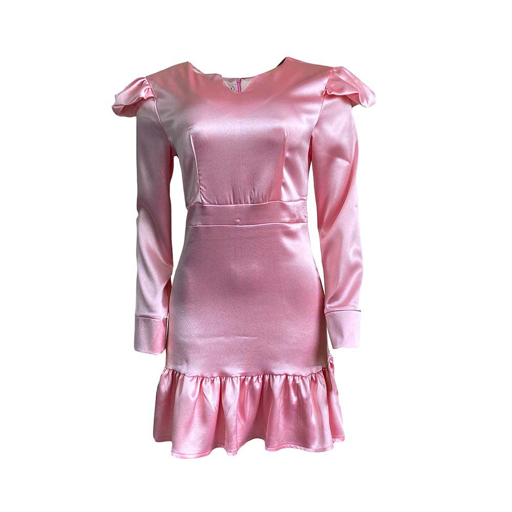 Damen Schimmerndes Mini-Kleid mit Puffärmeln und Rüschensaum Stalluxe Pink