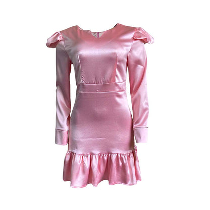 Damen Schimmerndes Mini-Kleid mit Puffärmeln und Rüschensaum Stalluxe Pink