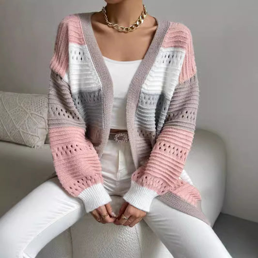 Damen Lässiger Strickcardigan mit modernen Lochmustern und farblichen Blockstreifen Stalluxe