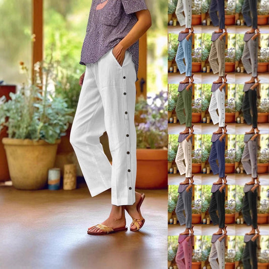 Damen Bequeme Leinenhose mit Knopfdetails Stalluxe