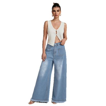 Damen Weite Denim-Hose mit Fransensaum und hohem Bund Stalluxe