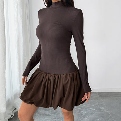 Damen figurbetontes Kleid mit Stehkragen und voluminösem Rock Stalluxe
