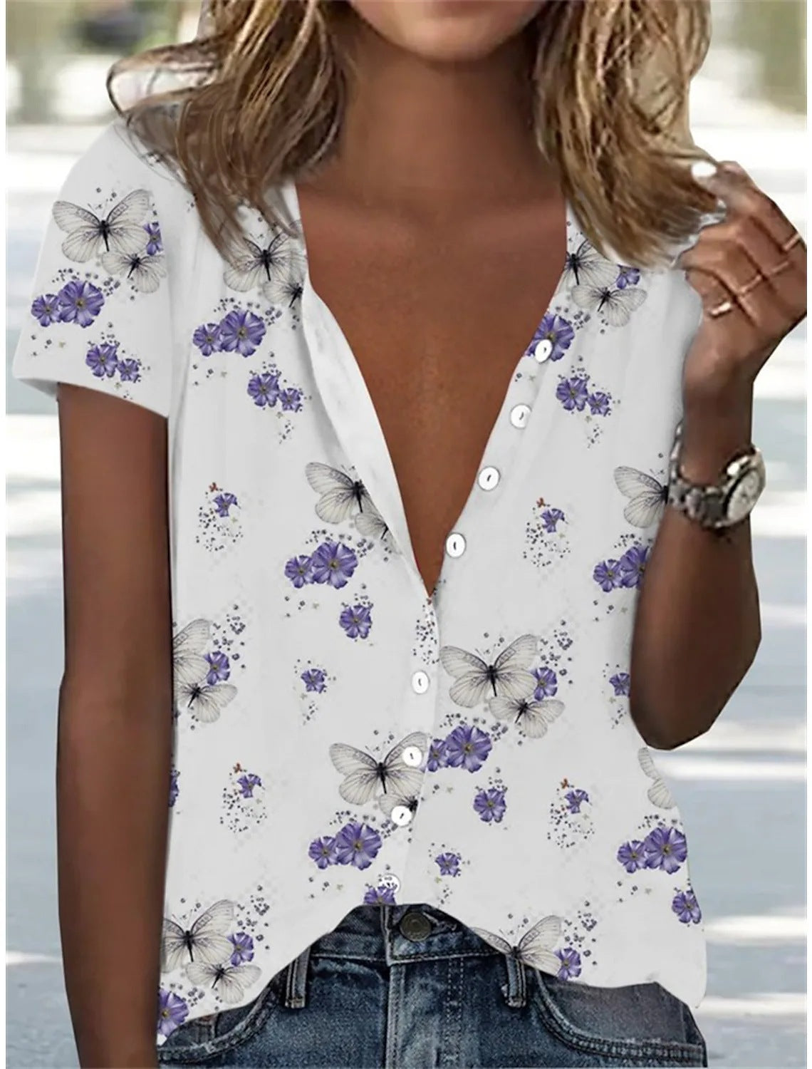 Damen Bluse mit floralem Muster und tiefem V-Ausschnitt Stalluxe