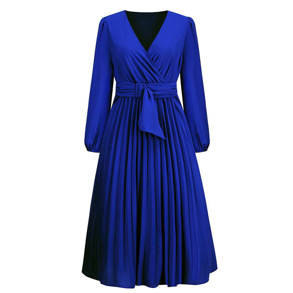 Damen Plissiertes Wickelkleid mit elegantem V-Ausschnitt und Taillengürtel Stalluxe Blau