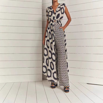 Damen Elegantes Maxikleid mit modischem Kreismuster und Taillengürtel Stalluxe