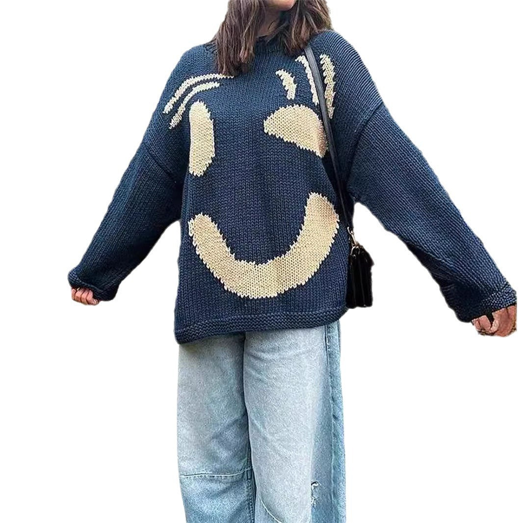 Damen Grobstrickpullover mit kreativem Smiley-Motiv Stalluxe