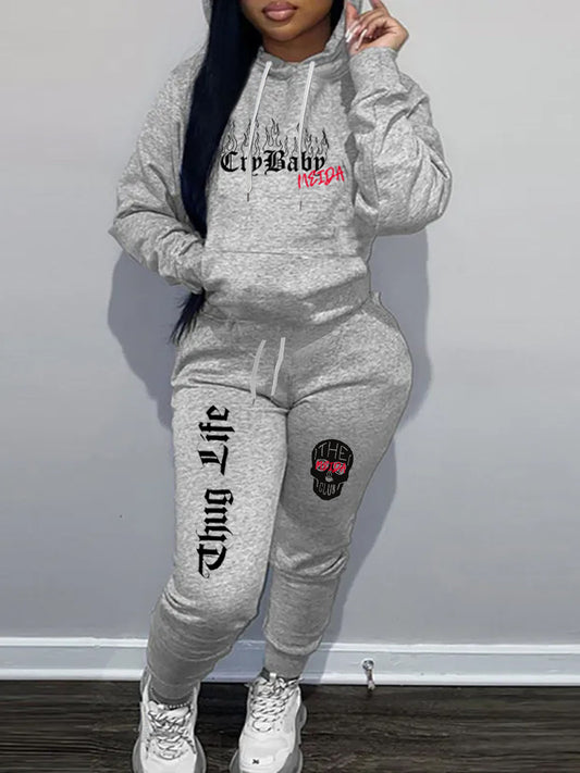 Damen Sportliches Hoodie und Jogginghose Set mit kreativem Aufdruck Stalluxe