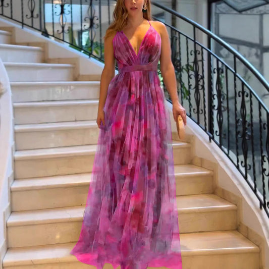 Damen Elegantes Maxikleid mit tiefem V-Ausschnitt und luftigen Stoffschichten Stalluxe