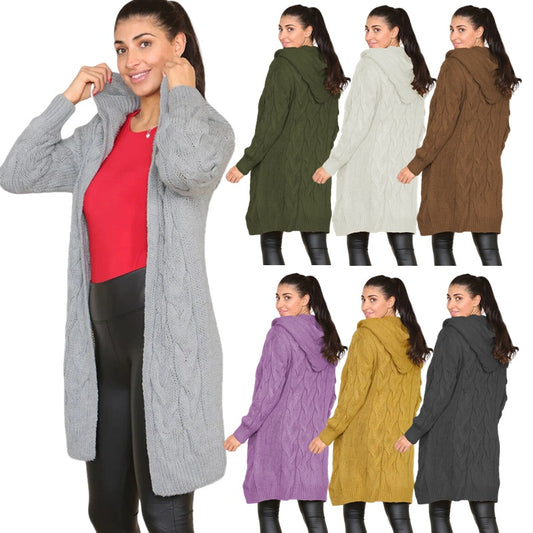 Damen Langer Strickmantel mit elegantem Zopfmuster und Kapuze Stalluxe
