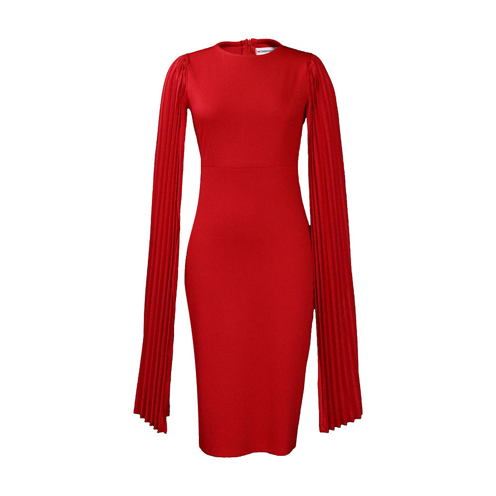 Damen Körperbetontes Kleid mit eleganten Drapierungen und langen Ärmeln Stalluxe Rot