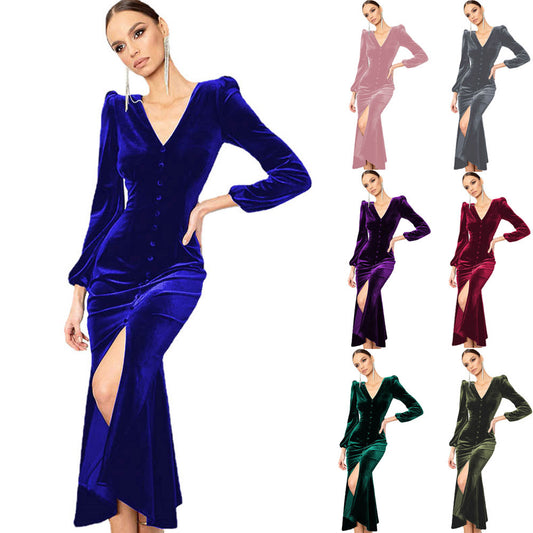 Damen Elegantes Maxikleid mit tiefem V-Ausschnitt und Knopfdetail Stalluxe