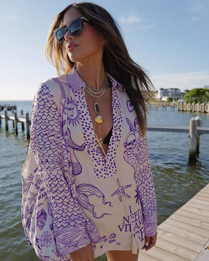 Damen lässige Strandbluse mit kunstvollem maritimem Druck und schickem V-Ausschnitt Stalluxe