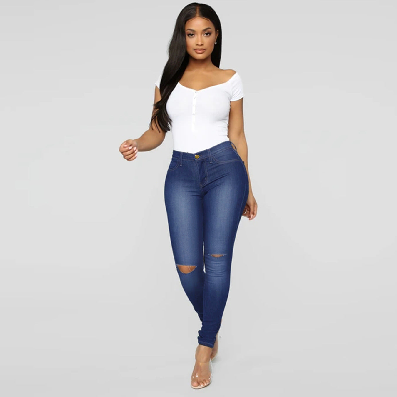 Damen Hochtaillierte Skinny Jeans mit modischen Rissdetails und eleganter Passform Stalluxe Dunkelblau