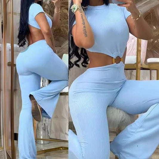 Damen cropped Oberteil mit hochtaillierter Hose im Ripp-Design Stalluxe