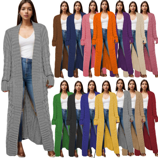 Damen Langer Strickcardigan mit raffiniertem Zopfdesign und praktischen Taschen Stalluxe