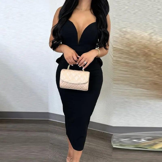 Damen figurbetontes Midikleid mit tiefem V-Ausschnitt und peplum Saum Stalluxe