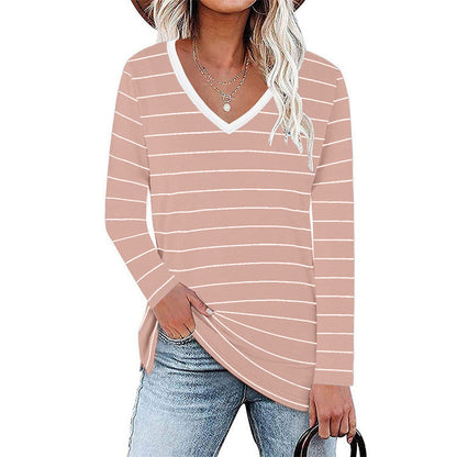 Damen V-Ausschnitt Langarmshirt mit Streifenmuster und seitlichen Schlitzen Stalluxe