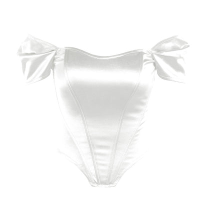 Damen Satin Off-Shoulder Korsett Bodysuit Stalluxe