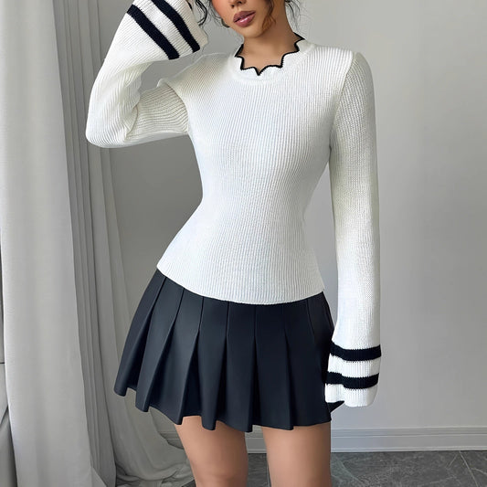Damen modischer Strickpullover mit Wellenkragen und weitem Ärmel Stalluxe