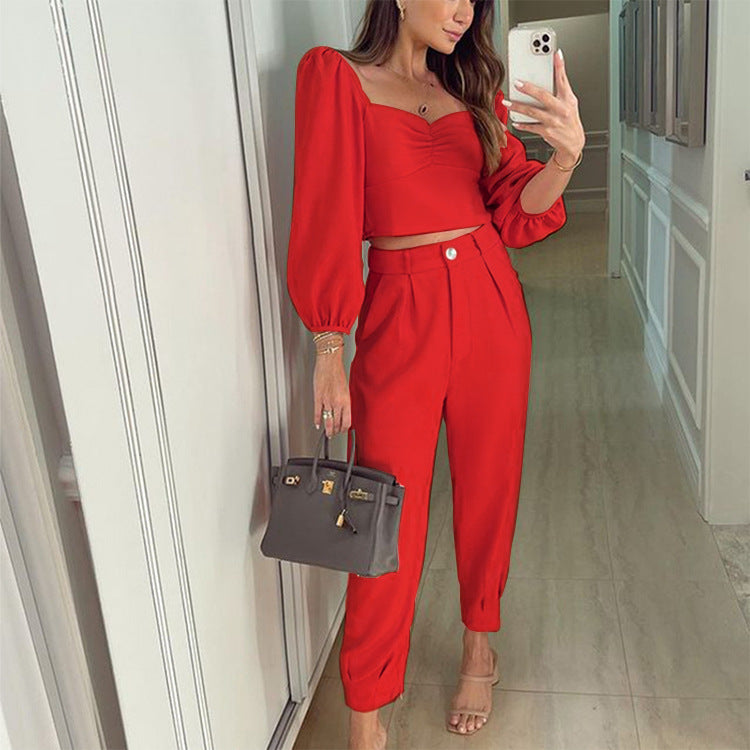 Damen Zweiteiliges Set mit Puffärmeln und eleganter Hochbundhose Stalluxe