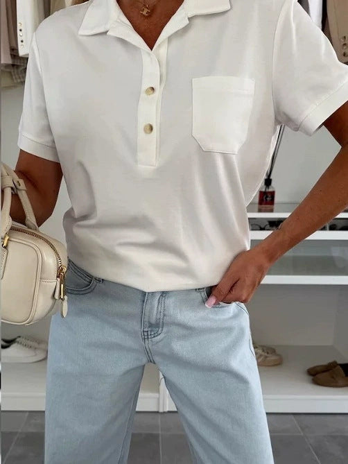 Damen polo Stil Shirt mit Knopfleiste und Brusttasche Stalluxe Weiß