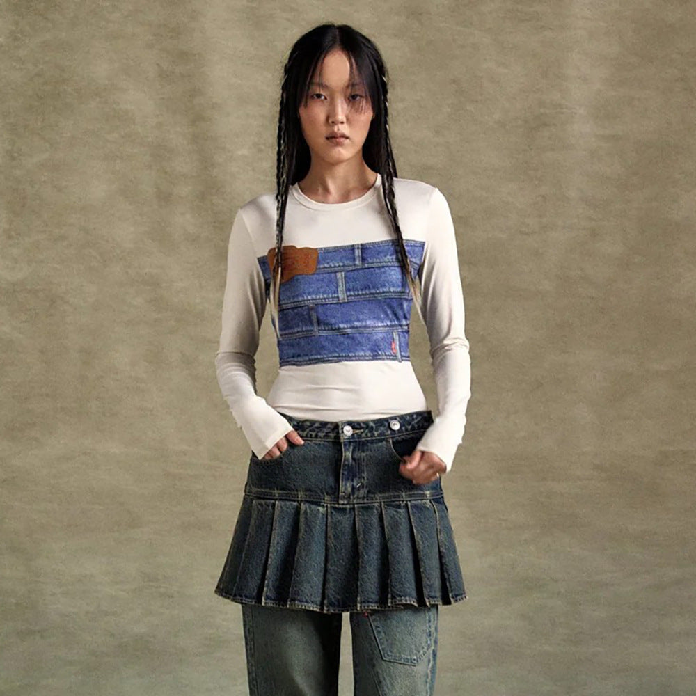 Damen Langarmshirt mit kreativem Denim-Druck und figurbetontem Schnitt Stalluxe