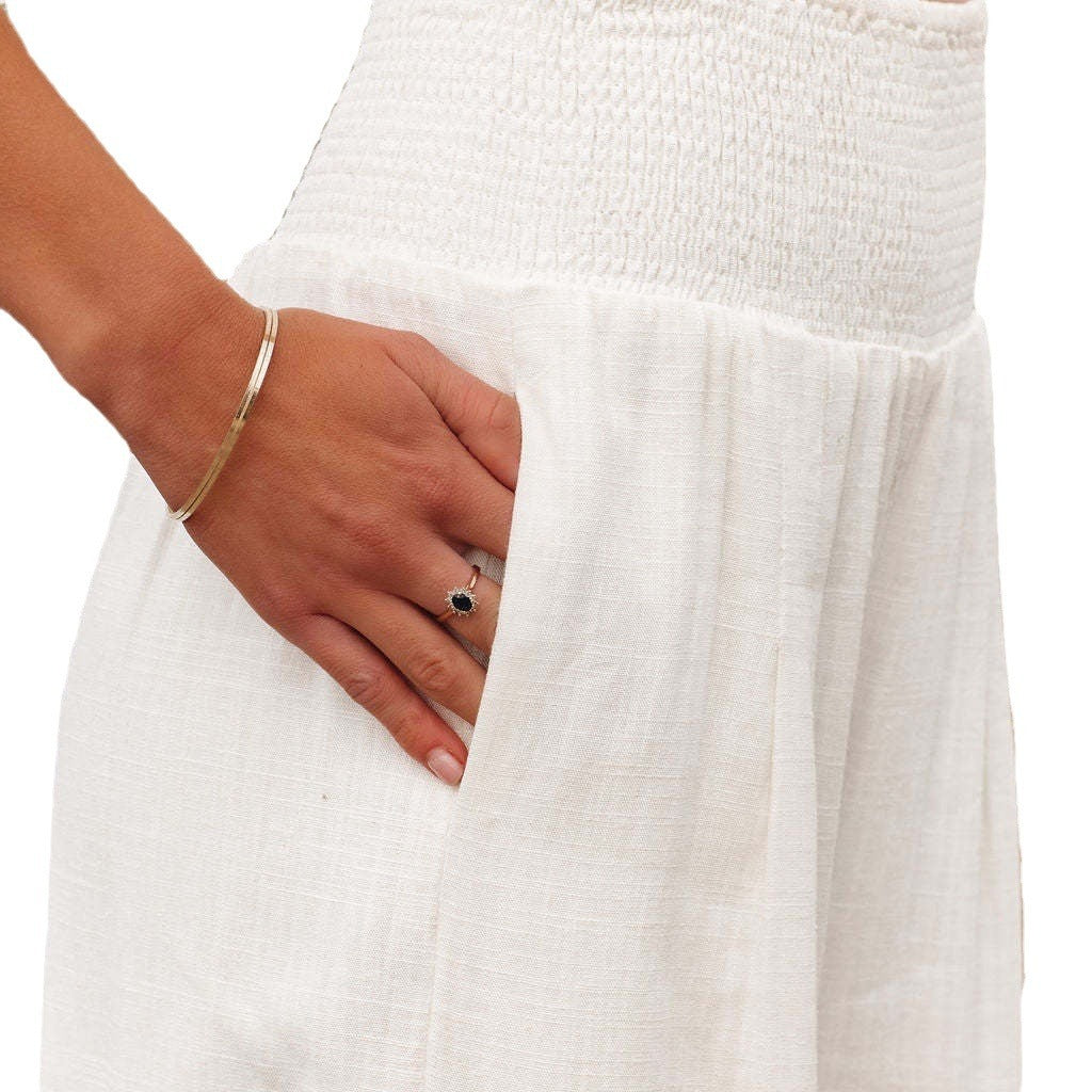 Damen Weite Leinenhose mit elastischem Bund und Falten Stalluxe
