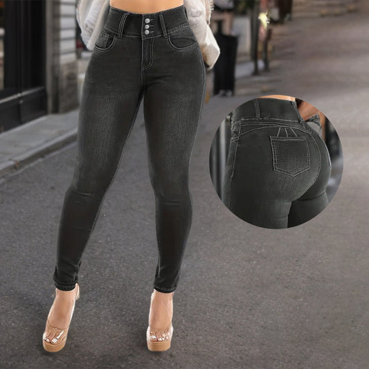 Damen Hochtaillierte Slim-Fit Jeans mit Knopfdetail Stalluxe
