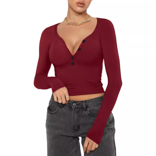 Damen Langarmshirt mit V-Ausschnitt und Knopfdetails Stalluxe
