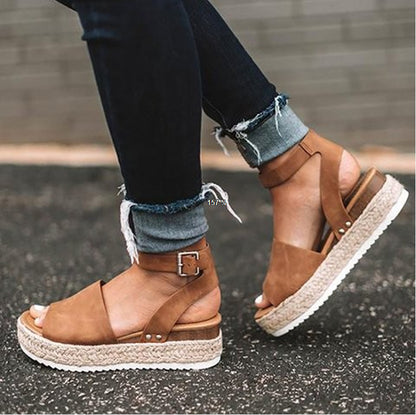 Damen Plateau-Sandalen mit verstellbarem Knöchelriemen und Jute-Details Stalluxe