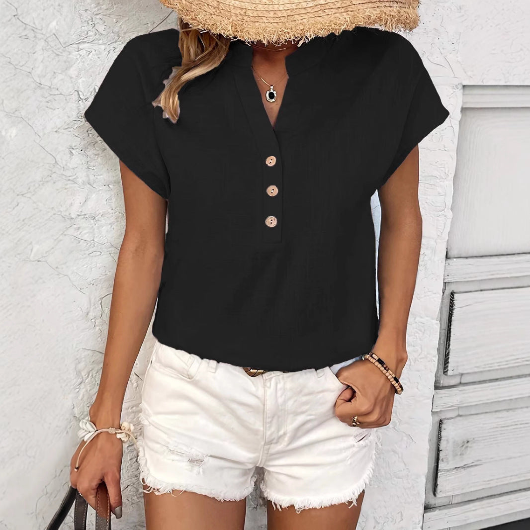 Damen stylisches Kurzarm-Oberteil mit Knopfdetails und trendigem Stehkragen Stalluxe